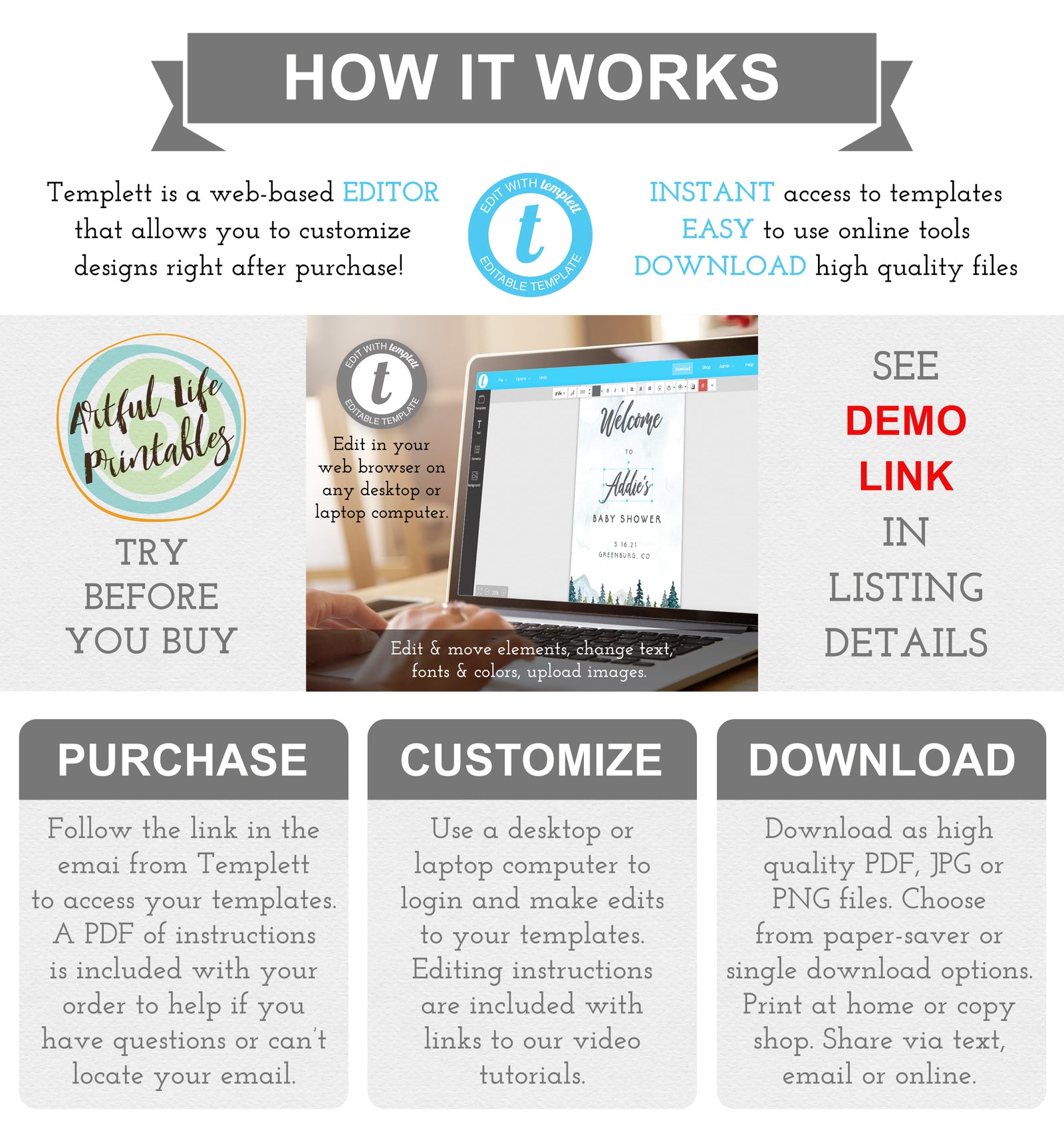 How It Works editing templates from Artful Life Designs using templett web-based editor. Purchase, customize and download your templates.