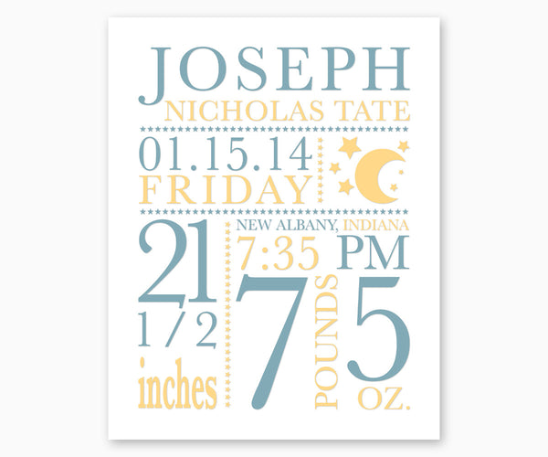 Moon and Stars Baby Birth Annoucement Nursery Wall Art Blue & Yellow