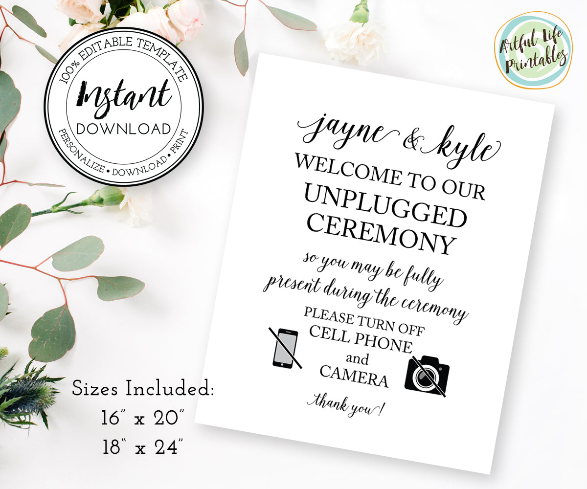 Editable unplugged wedding ceremony sign template