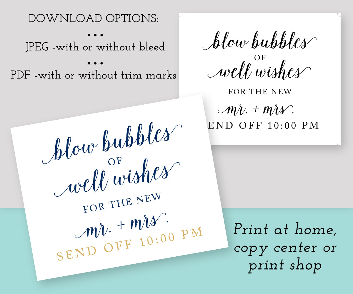 blow bubbles of well wishes wedding send off sign template