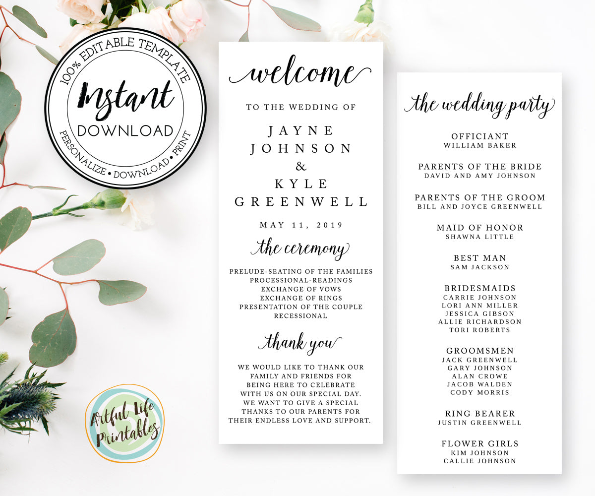 Editable Wedding Program, Wedding Ceremony Card Program Template
