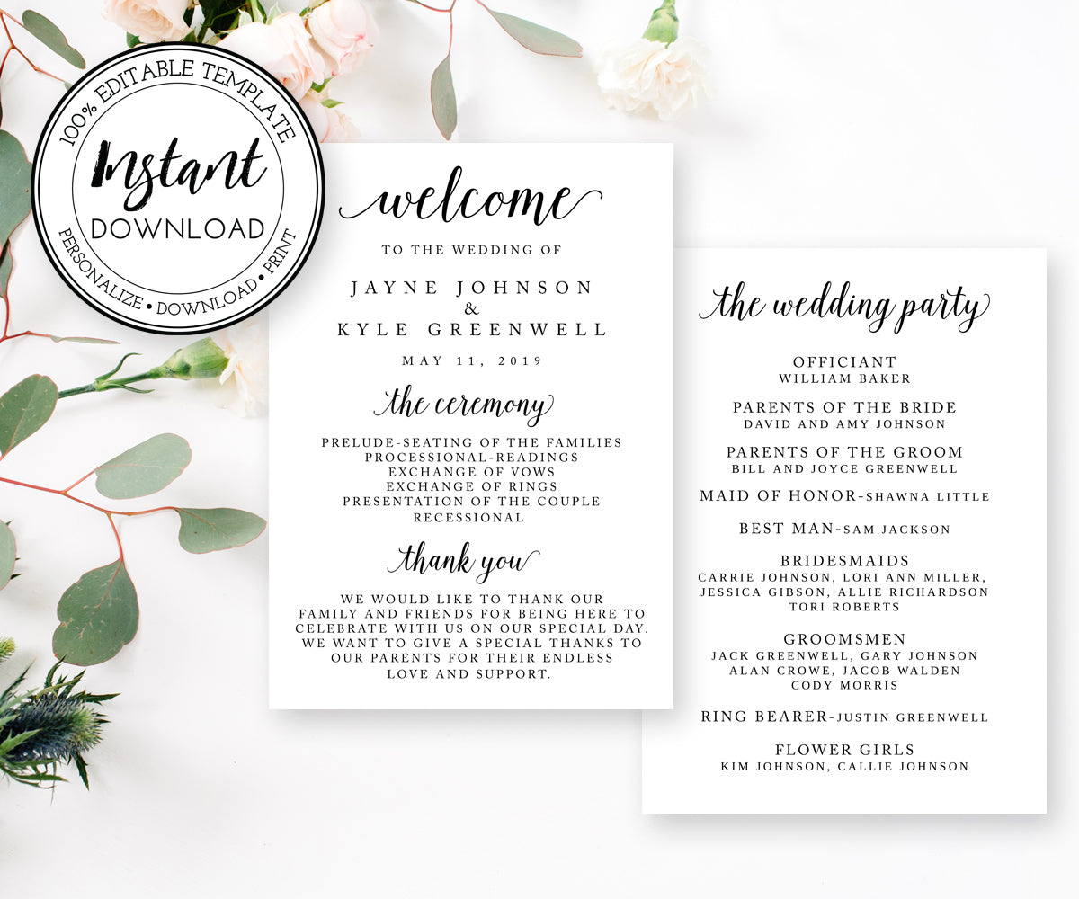 5 x 7 Wedding Program Template, Editable Wedding Program