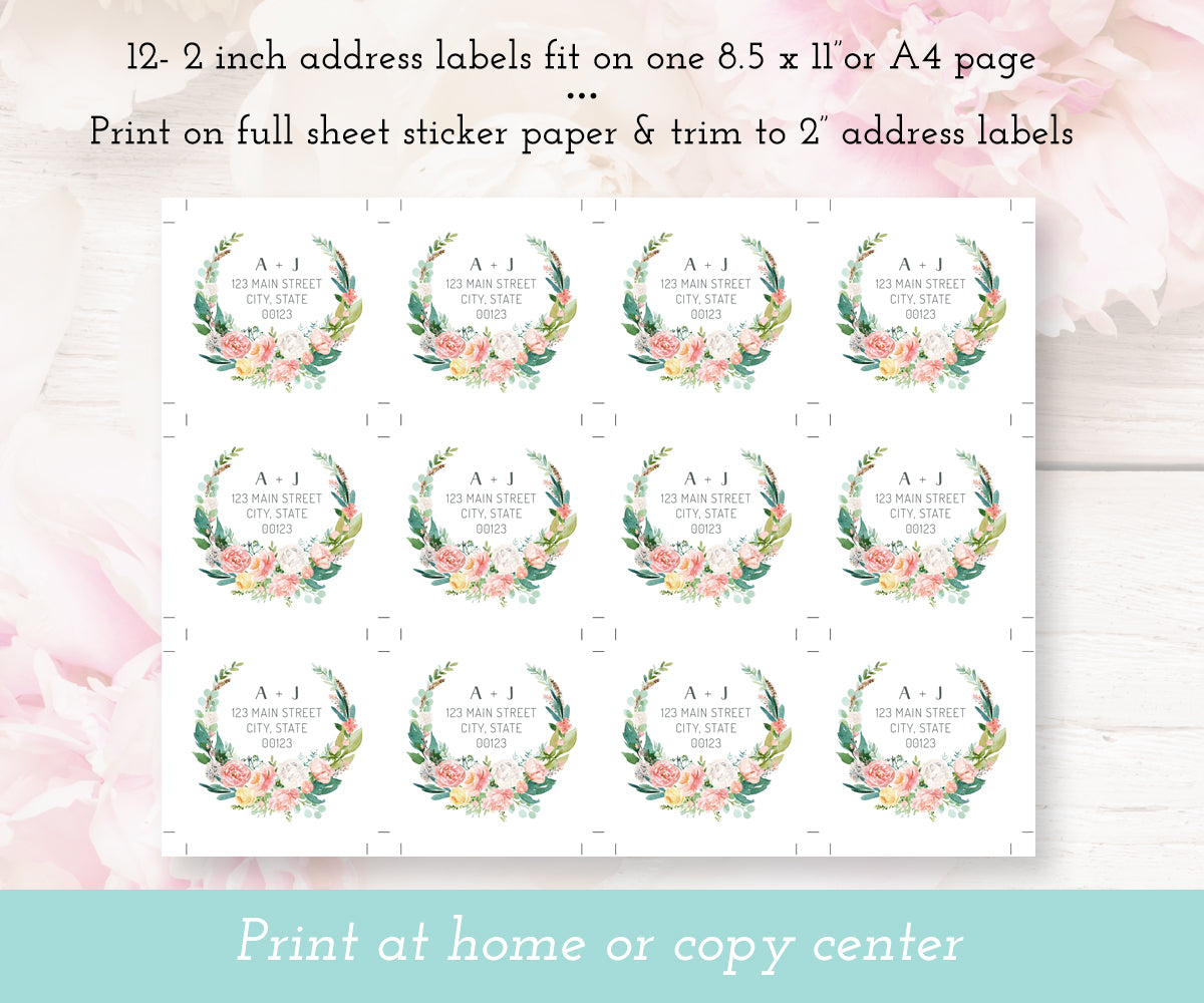 Floral Pink Blush square wedding address labels template full sheet