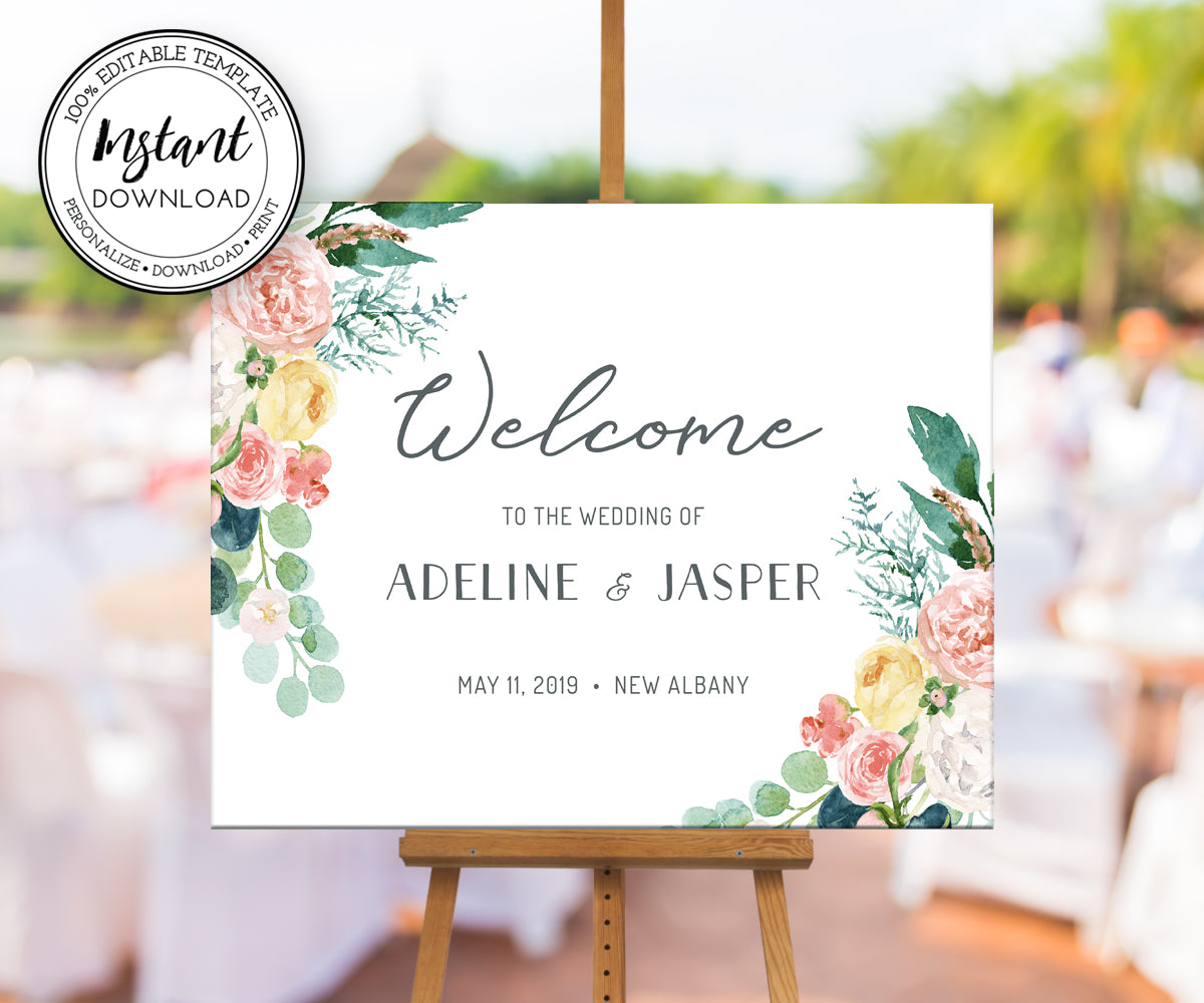 Floral Wedding or Bridal Shower Horizontal Welcome Sign Editable Template