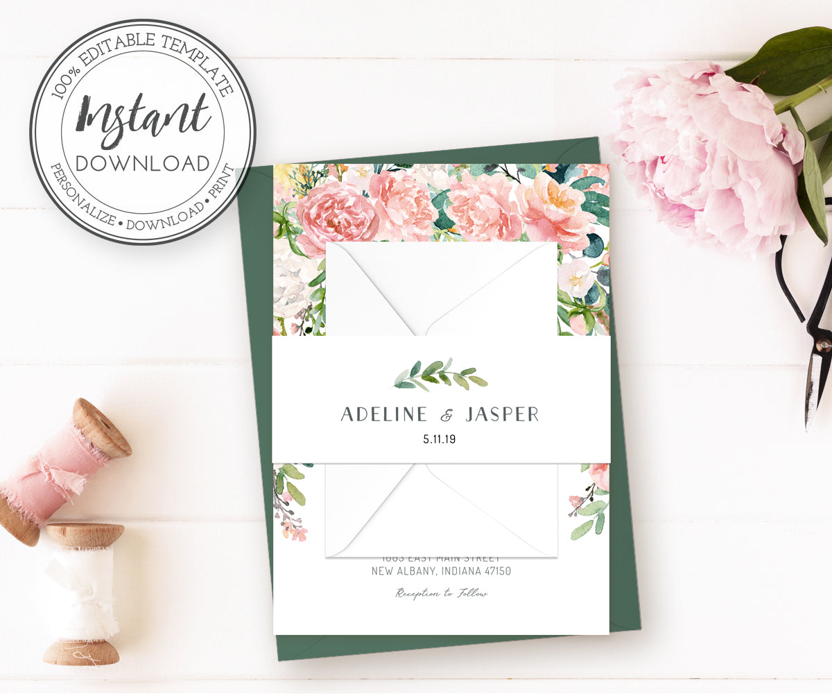 greenery wedding invitation wrapper template, invitation belly band editable template