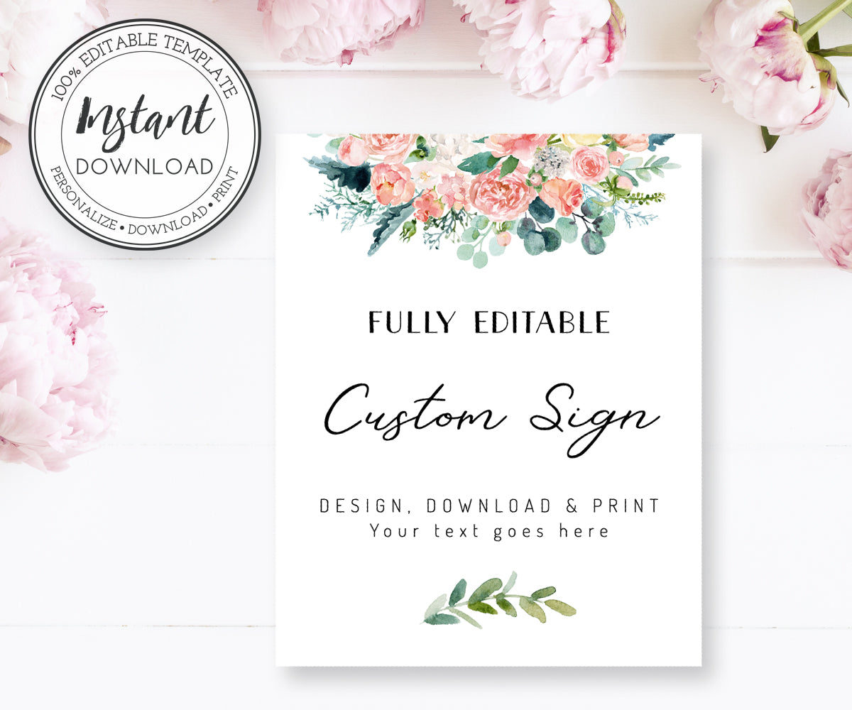 Pink blush floral 8 x 10 inch unlimited custom sign template