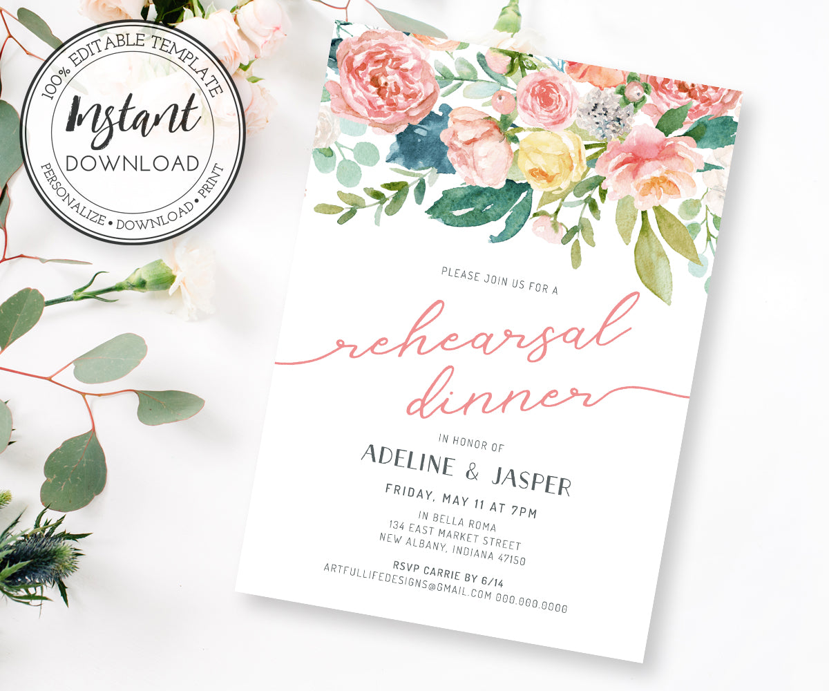 Pink blush floral wedding rehearsal dinner invitation template 5 x 7