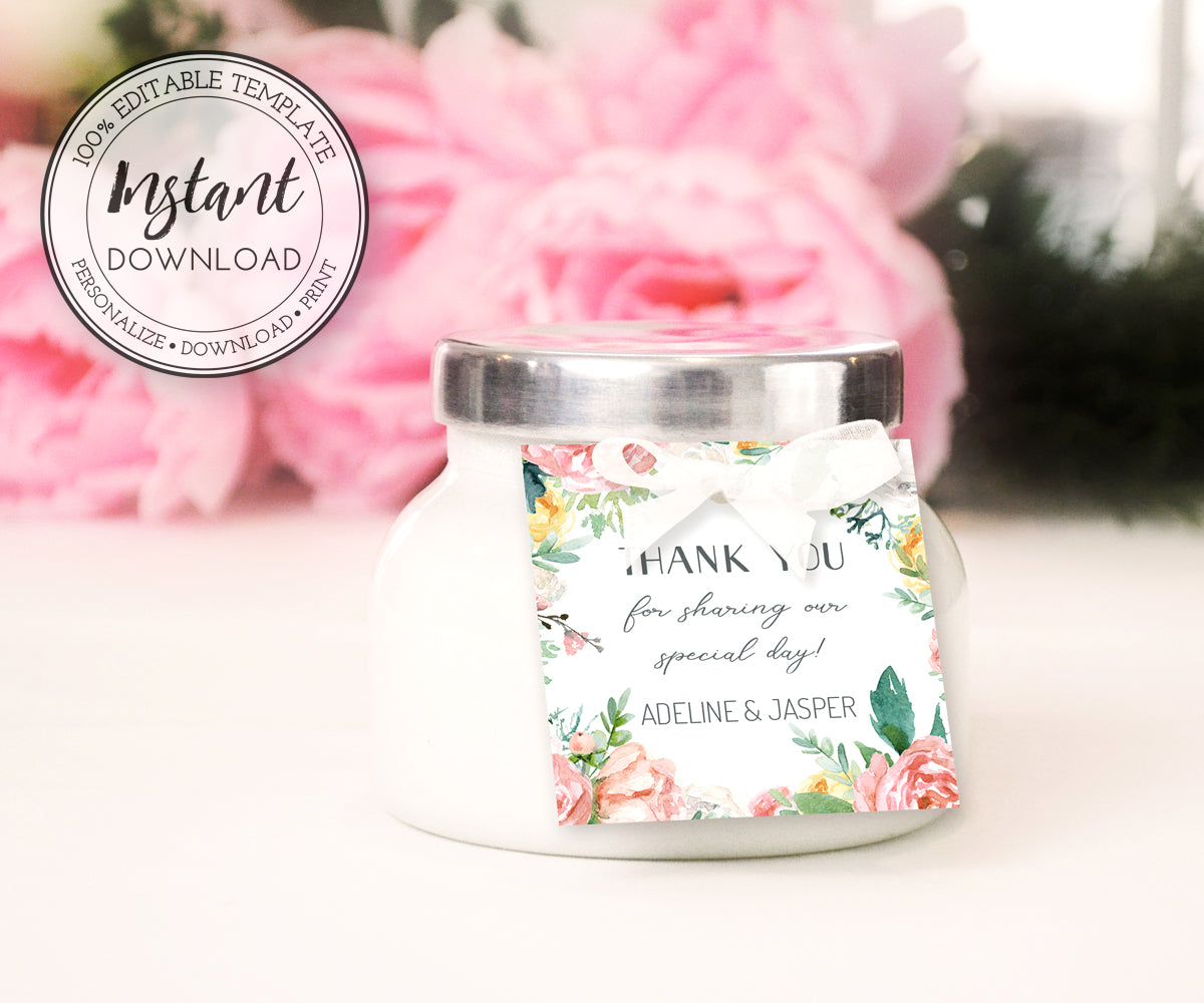 Pink Blush Floral Square Favor Tag shown on small wedding candle