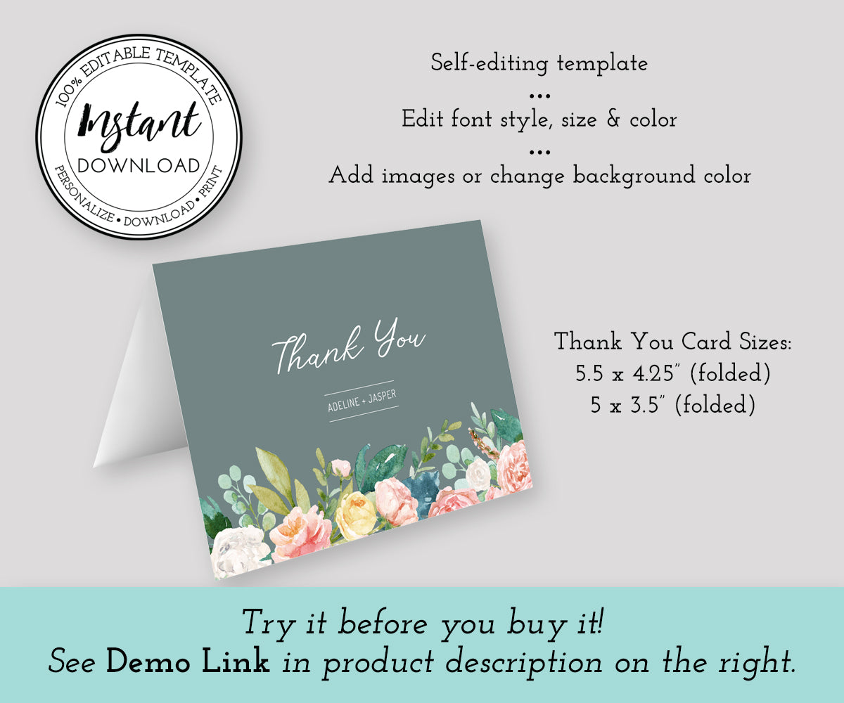 Pink yellow and white floral wedding or shower folded thank you card editable template.