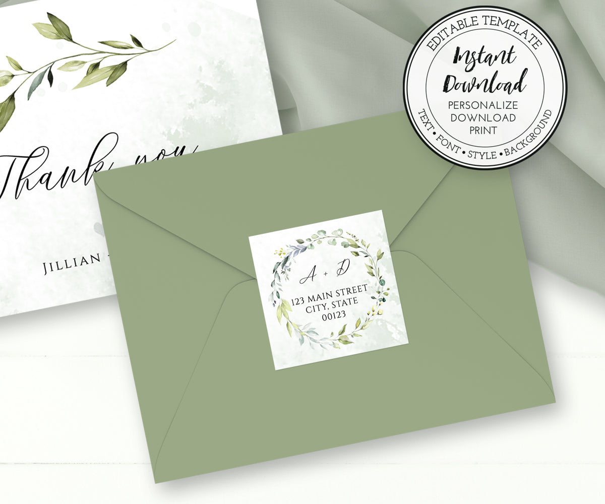 Greenery wedding return address personalize label 2 x 2”