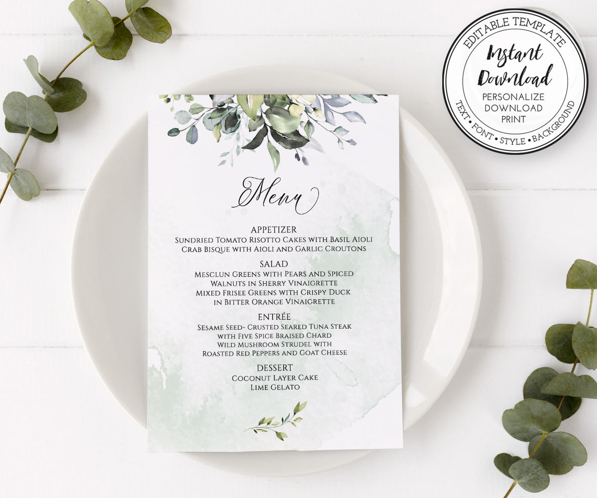 Greenery wedding menu shown on place setting