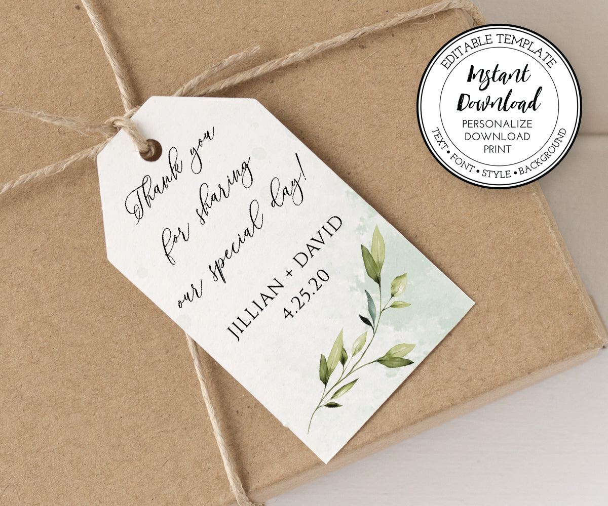 2 x 3.5 inch wedding favor tag with greenery design shown on package