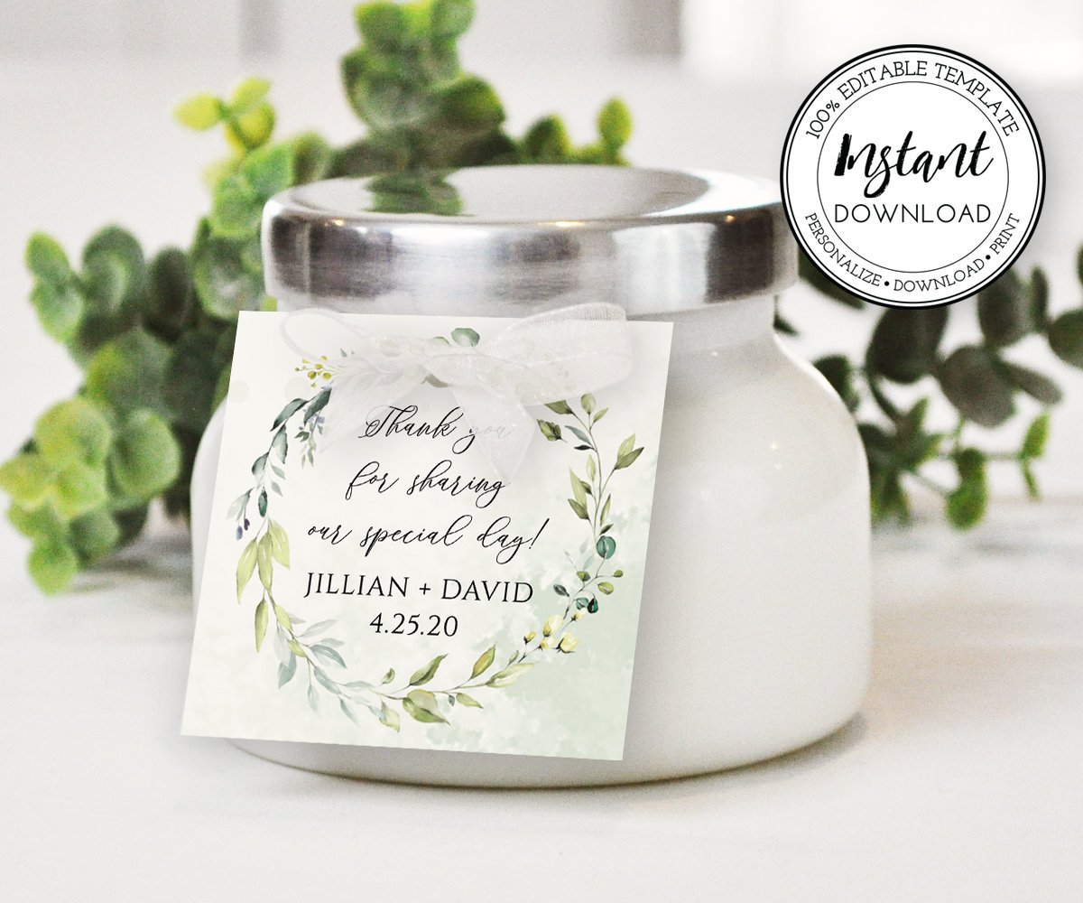 Greenery wedding favor tag shown on a small jar