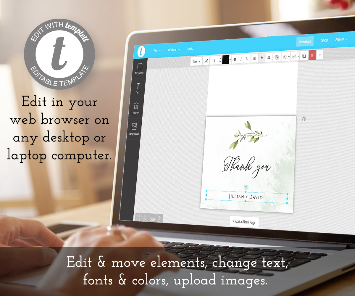 Edit online, greenery wedding thank you card template.