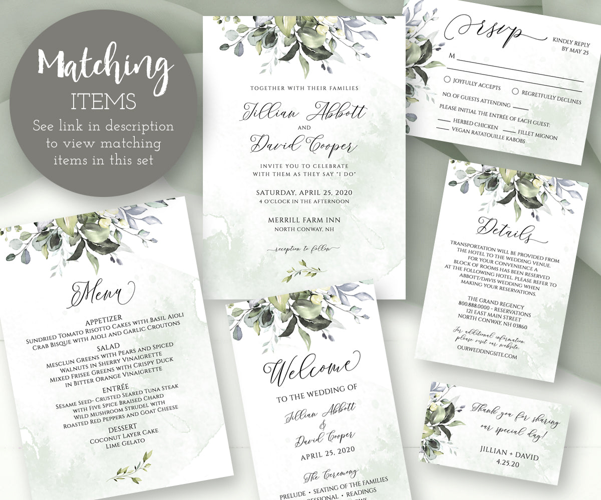 Watercolor Greenery Boho Wedding Stationary Matching Items