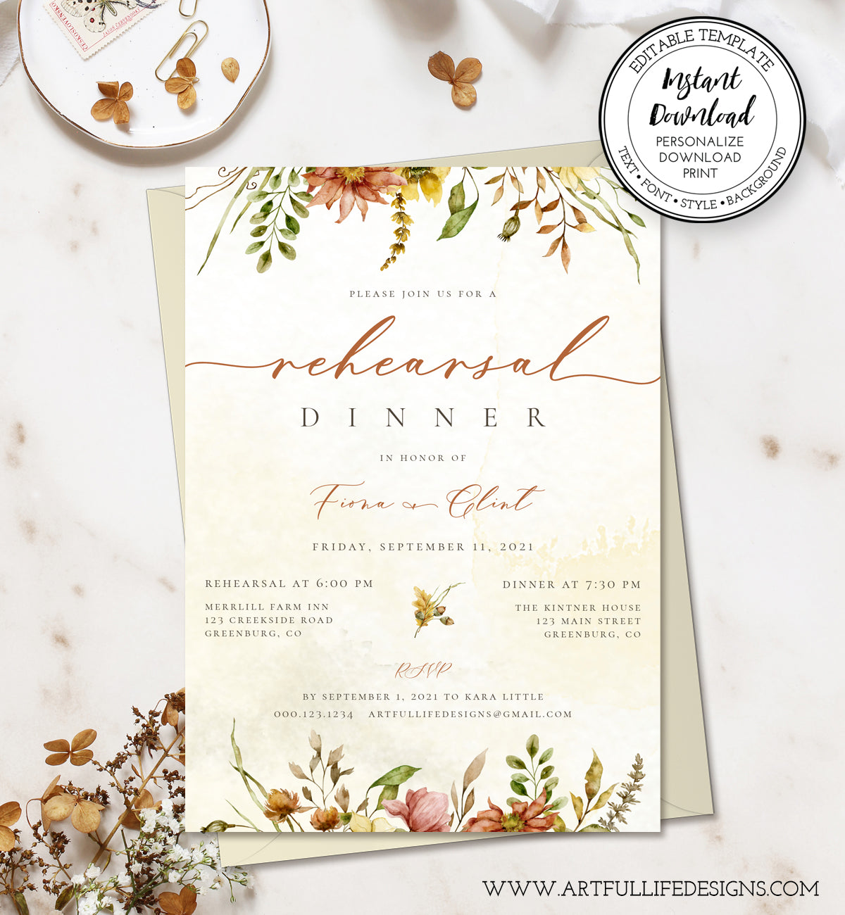 Fall Floral Rehearsal Dinner Invitation Template, Rustic Wedding Rehearsal Dinner Invitation.