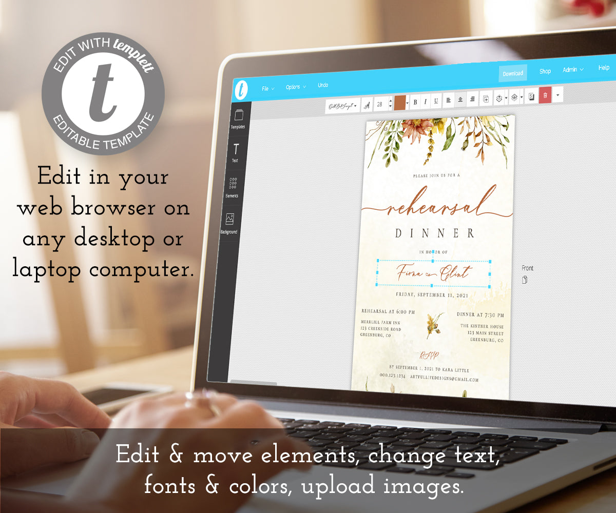 Edit online fall floral wedding rehearsal dinner invitation template.