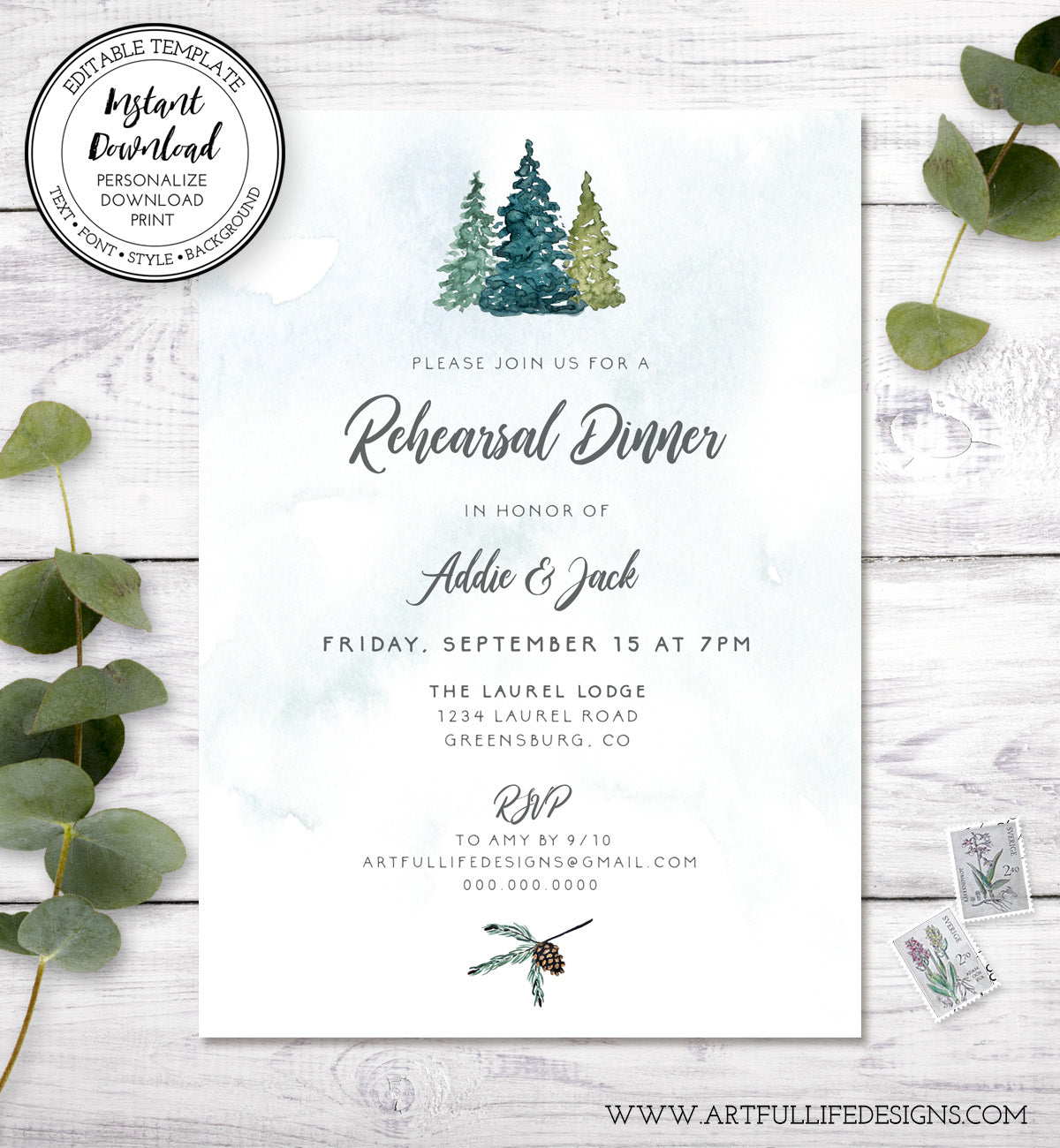Rustic pines wedding rehearsal dinner invitation