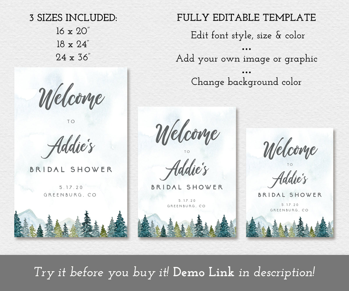 Mountains Pines Bridal shower welcome sign in three sizes, editable templates