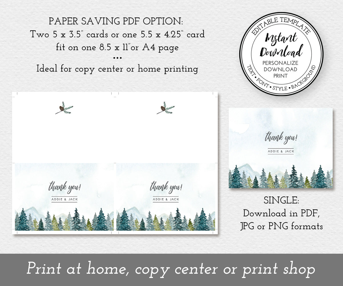Download option for Mountains and forest wedding or shower thank you card, two per sheet or single card.