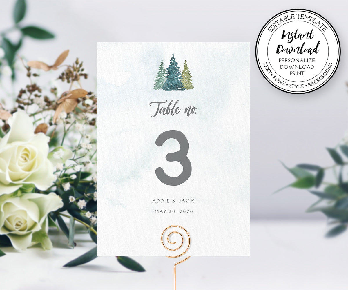 Rustic pine trees wedding table numbers