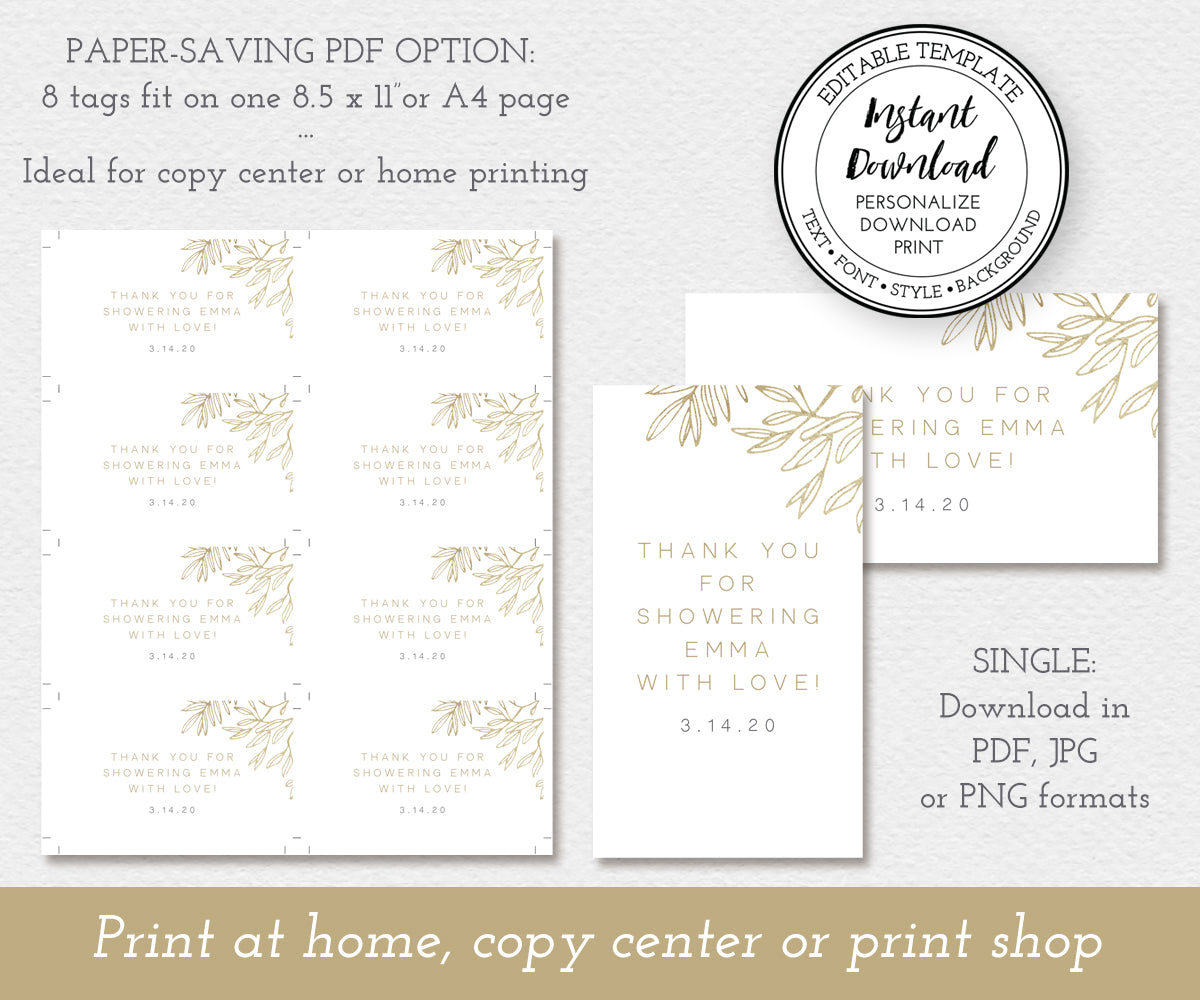 Paper saving option for modern minimalist shower favor tag templates