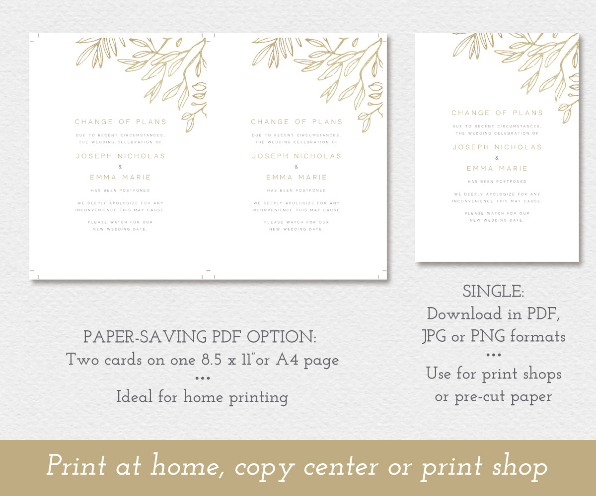 change of plans, change the date, postponed wedding announcement, paper saving option PDF
