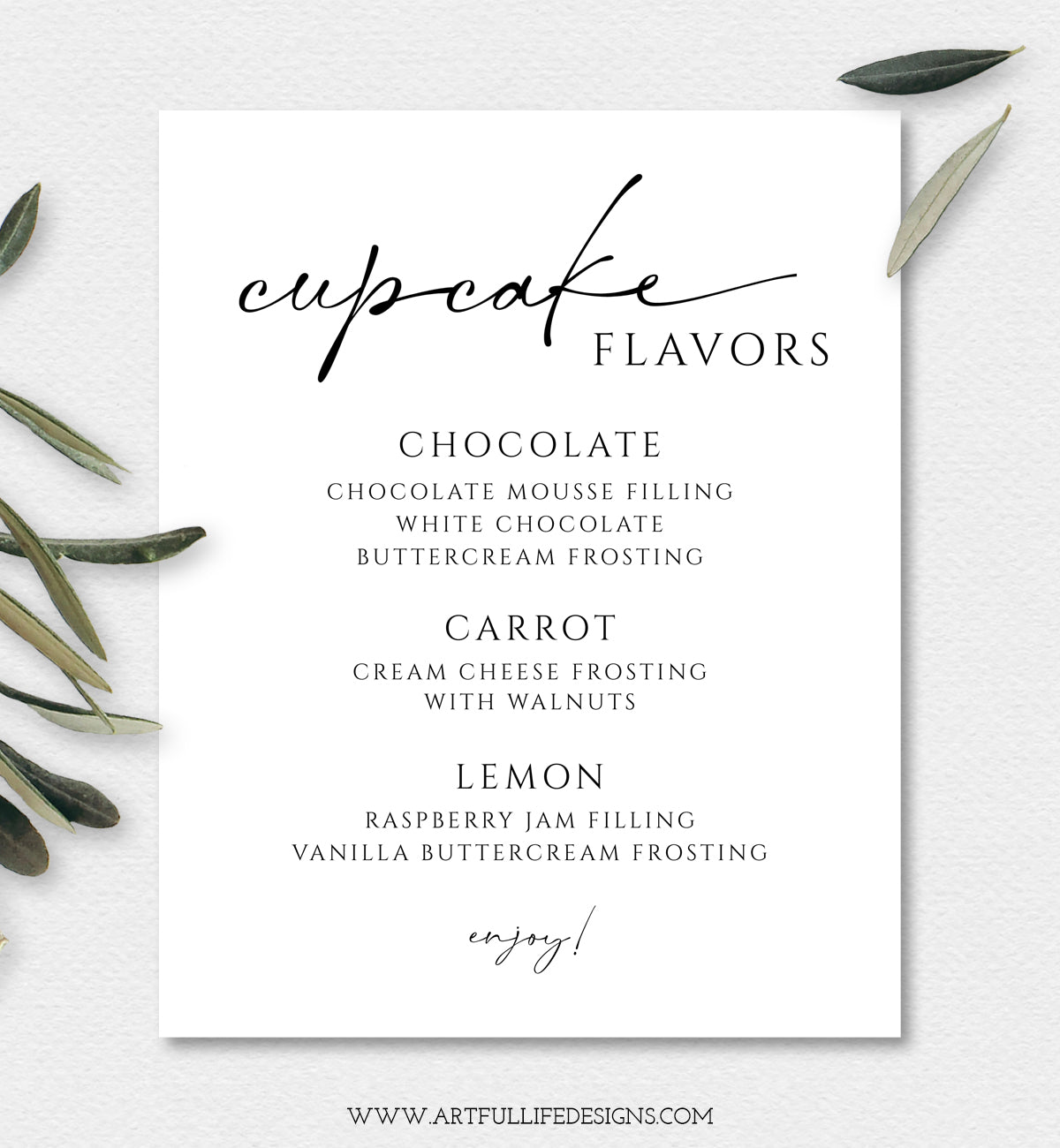 Cupcake Flavors Sign for Wedding, Shower or Special Event