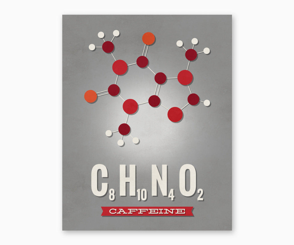 Caffeine molecule kitchen wall art with gray background.