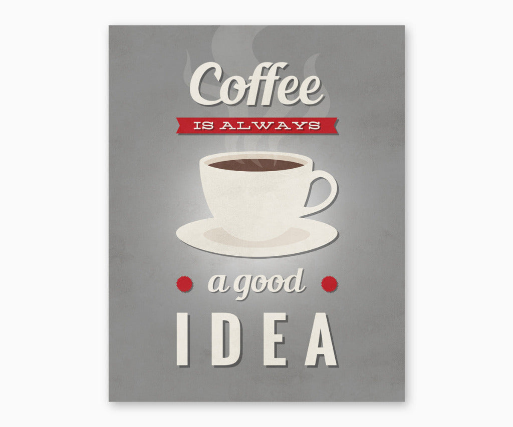 Coffee Is always a good idea retro kitchen wall art printable with gray background.