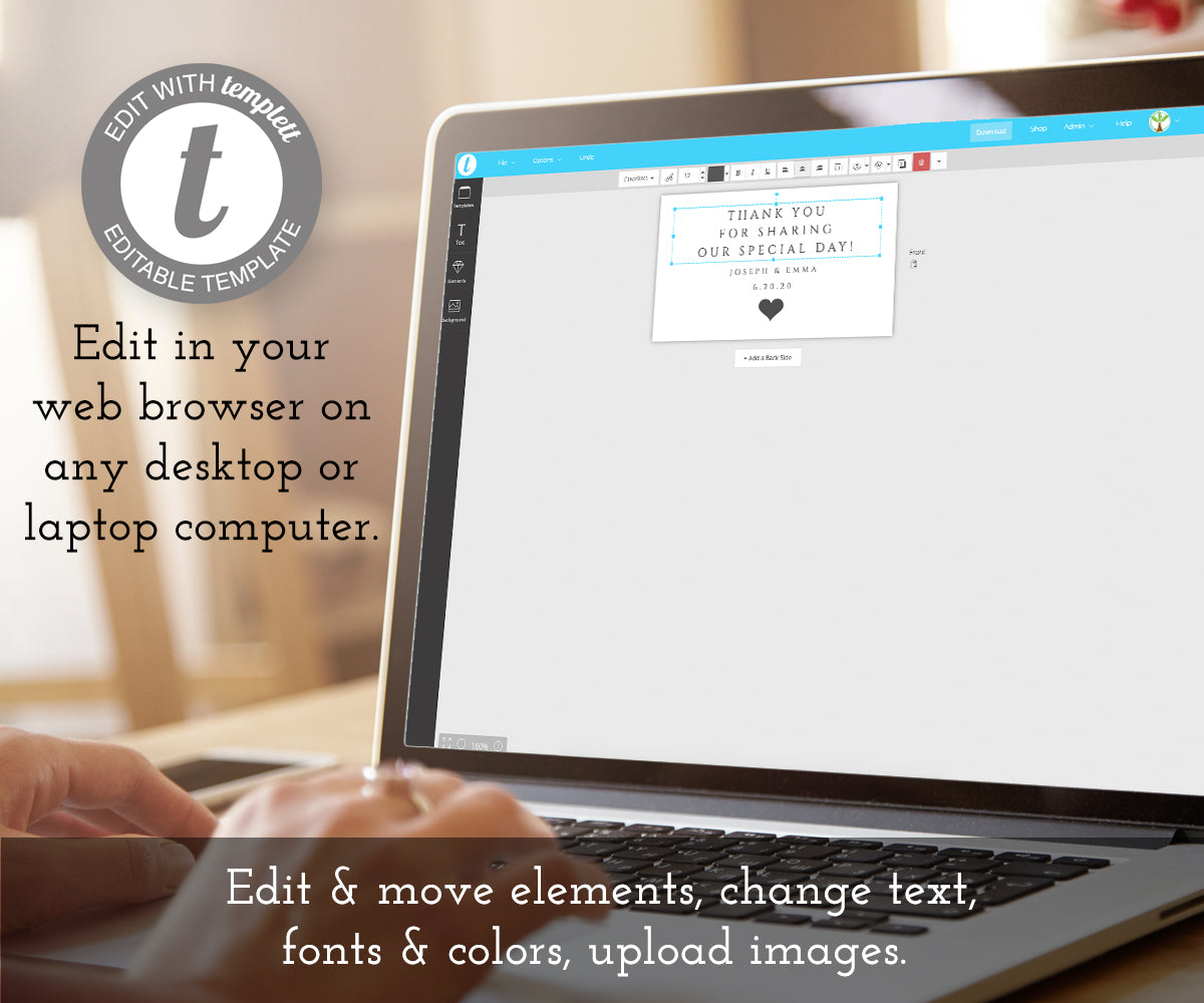 edit minimalist wedding favor tag online using a laptop computer