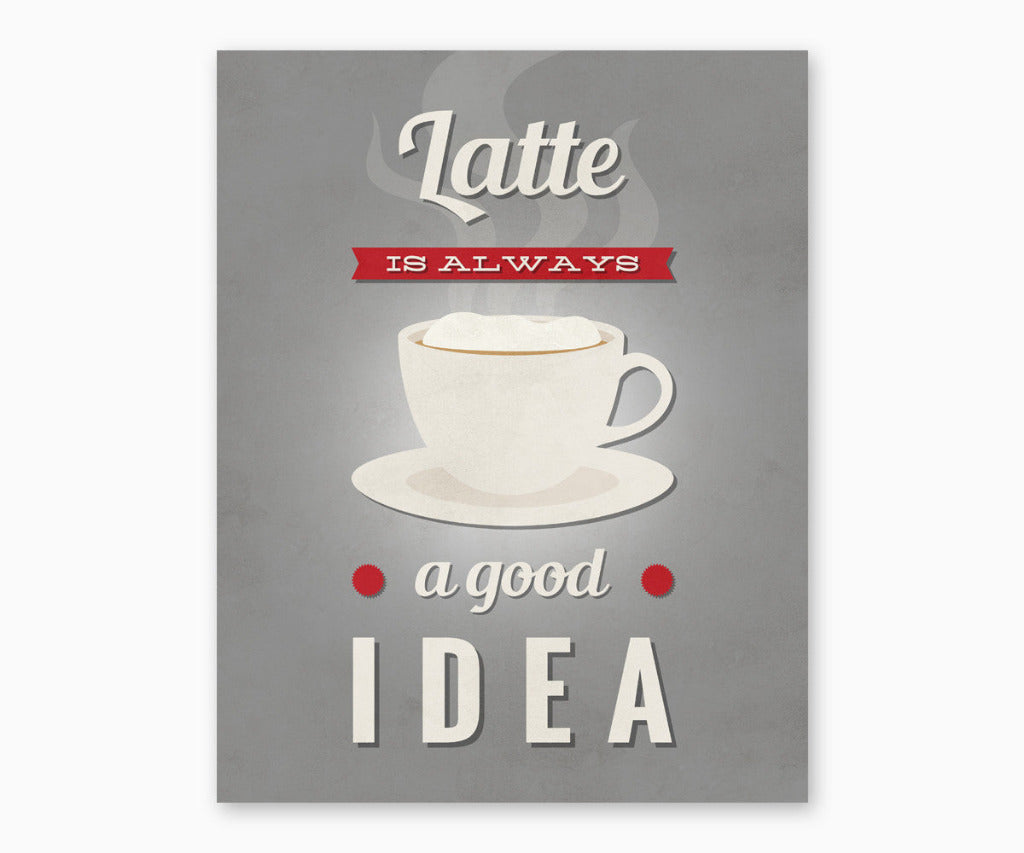 Latte Is always a good idea retro kitchen wall art printable with gray background.