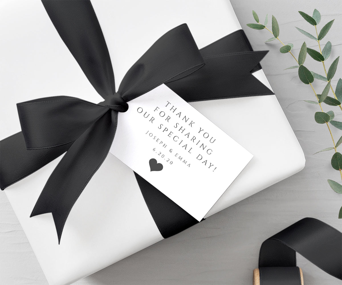 minimalist wedding rectangle horizontal favor tag on a package