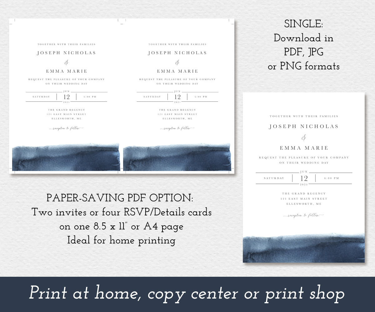 Modern wedding invitation download options, two per page or single.