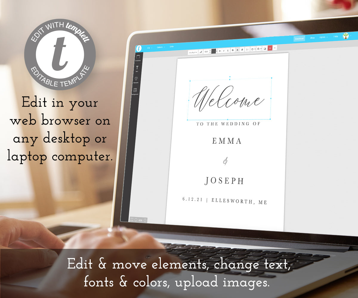 Editing a modern wedding welcome sign on a laptop computer