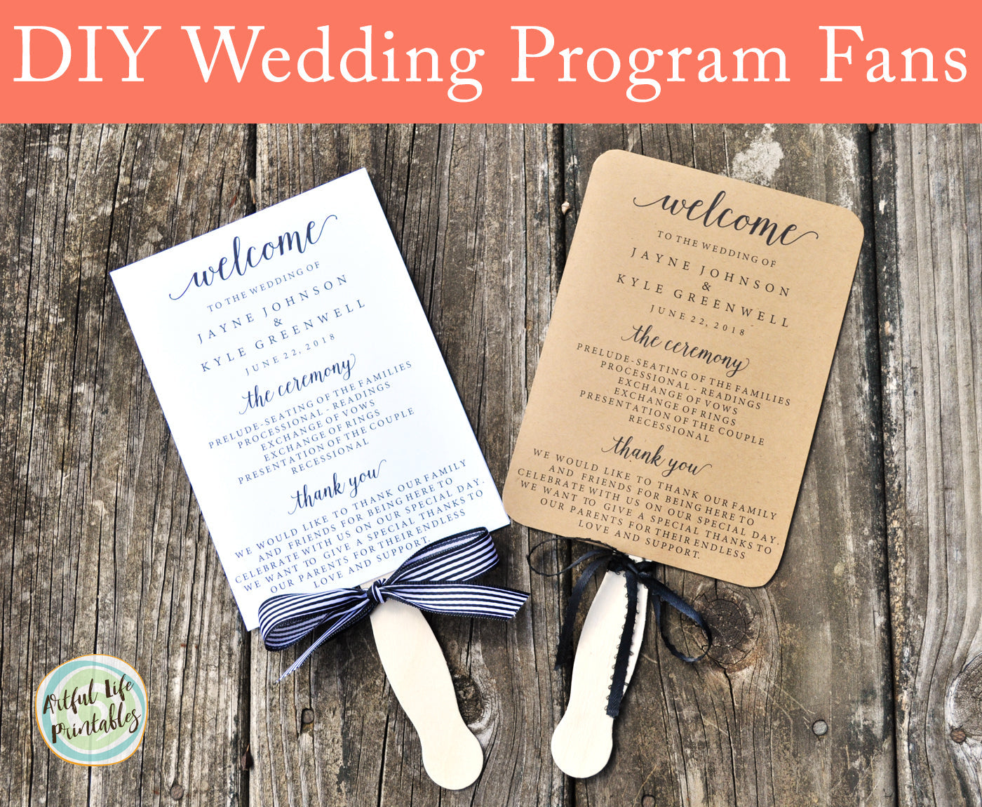 DIY Wedding Program fans with ribbons
