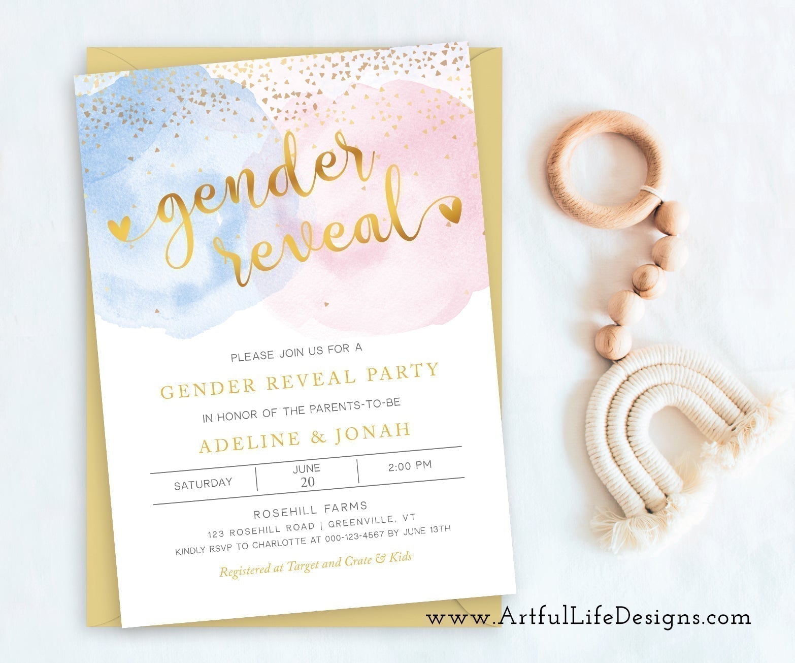 Pink and blue smoke with gold confetti, gender reveal invitation template from Artful Life Designs