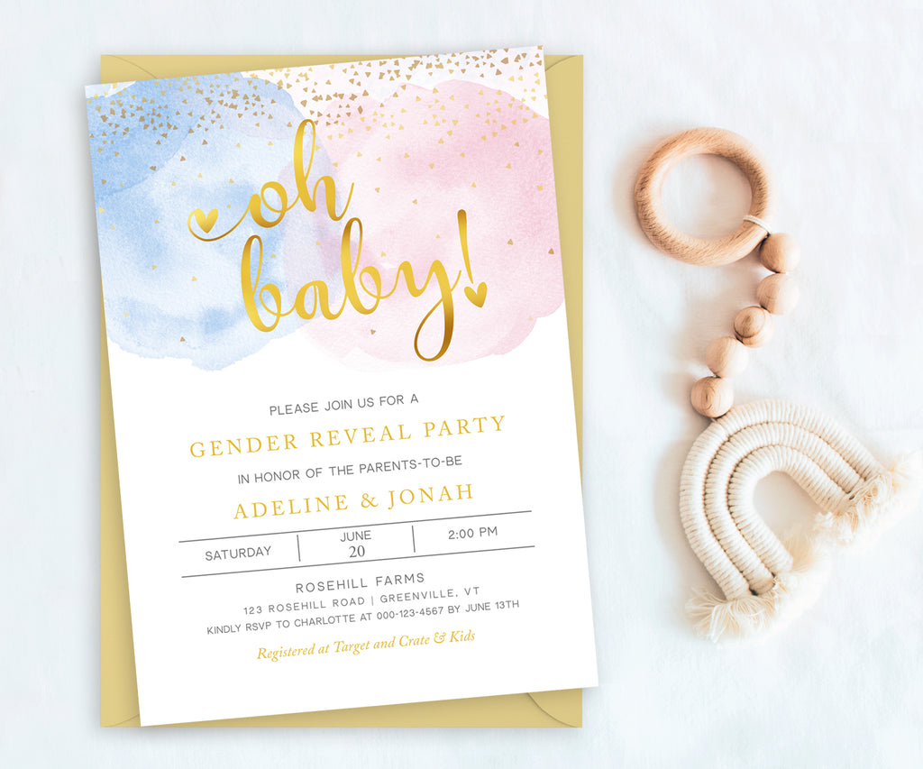 Oh baby! Pink and blue smoke with gold confetti gender reveal invitation template printable 