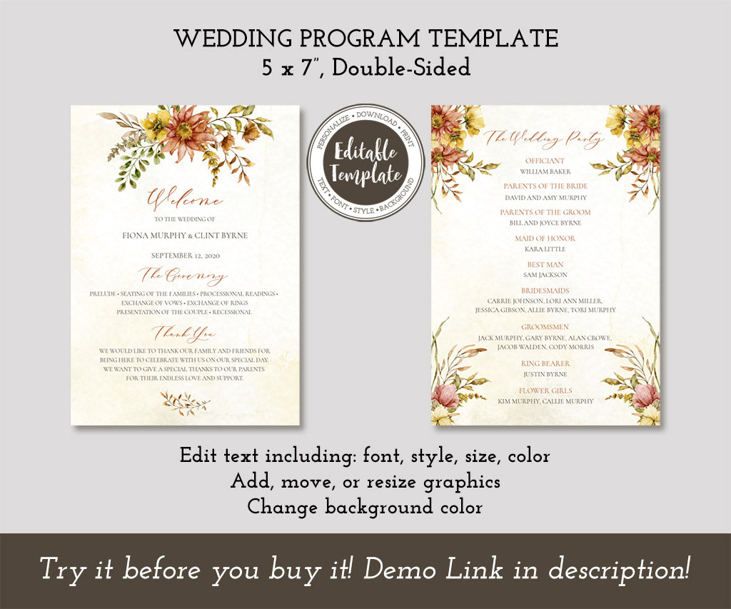 5 x 7" double-sided Floral Autumn wedding program template.