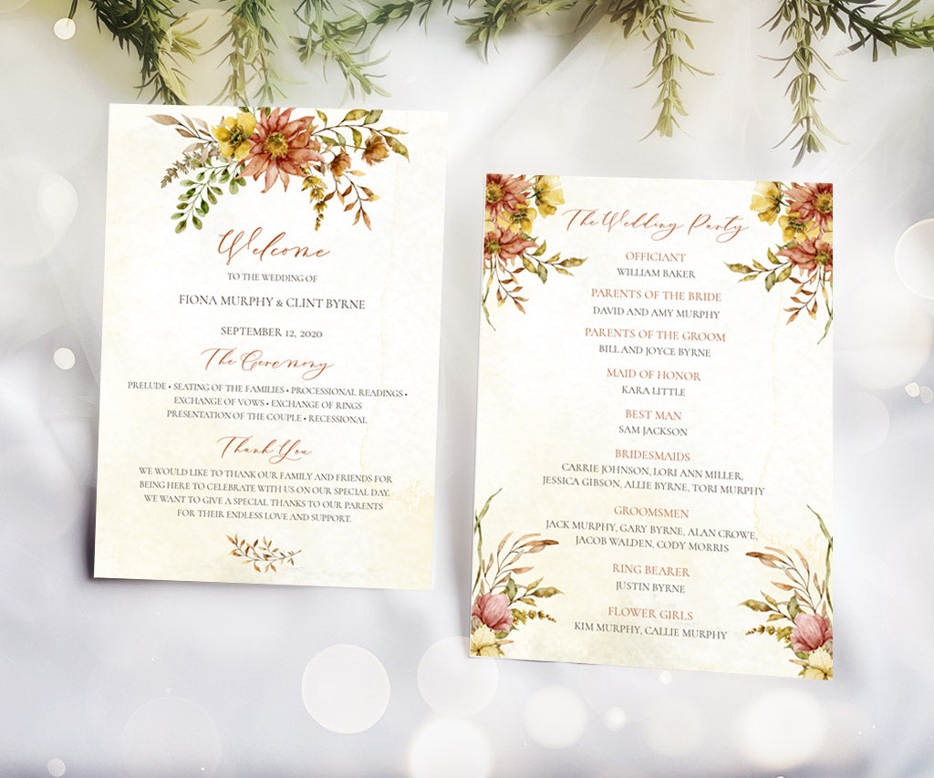 5 x 7" double-sided Floral Autumn wedding program.