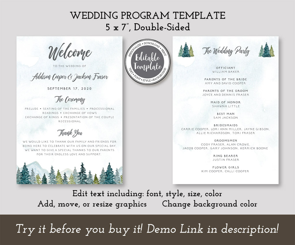 5 x 7 inch, double sided mountains and forest adventure wedding program, editable template.