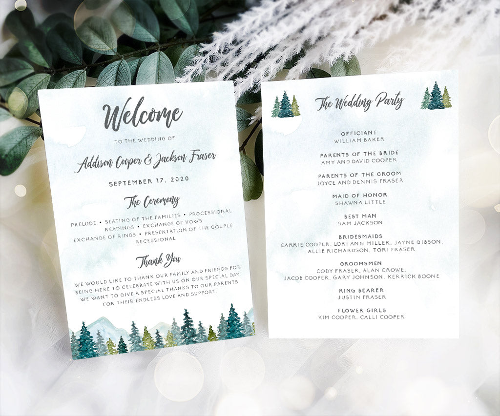 5 x 7 inch, double sided mountains and forest adventure wedding program.