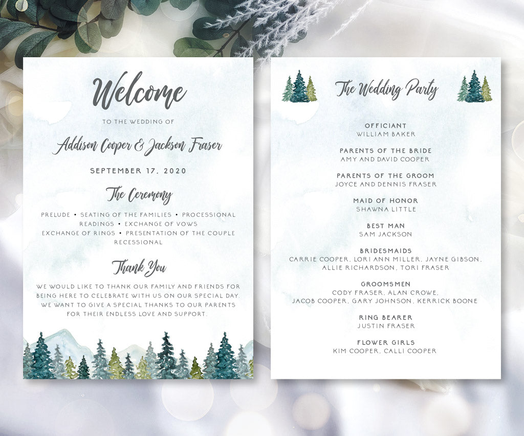 5 x 7 inch, double sided mountains and forest adventure wedding program.
