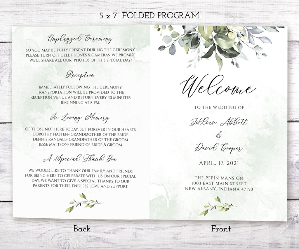 5 x 7" greenery folded wedding program.