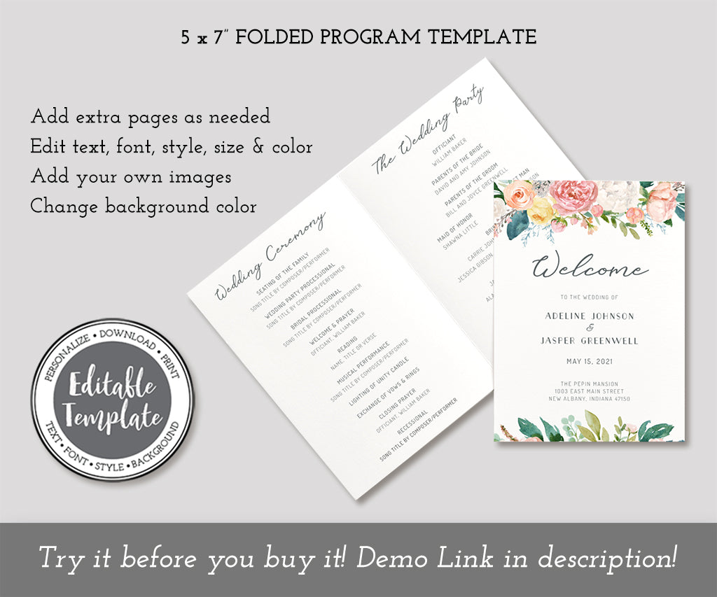 Pink, yellow and white floral 5 x7 folded wedding program editable template.