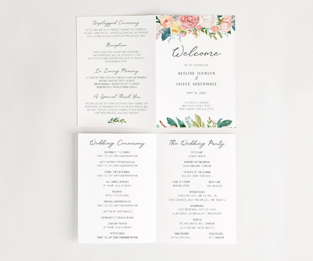 Pink, yellow and white floral 5 x7 folded wedding program, outside and inside pages.