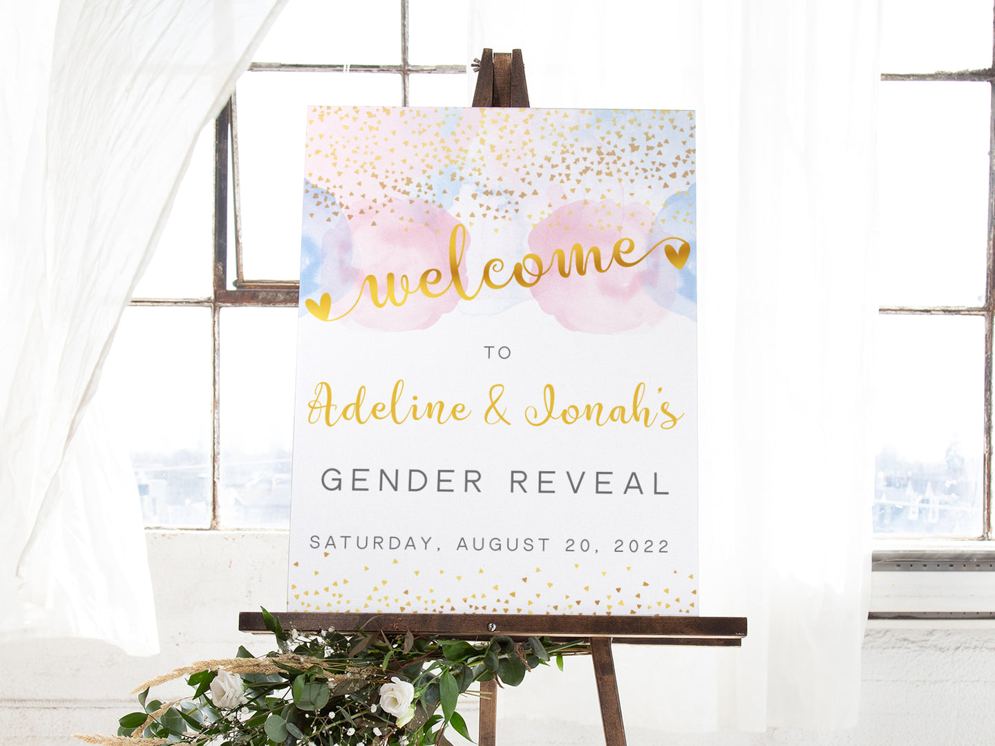 Blue and Pink Smoke with Gold Confetti, Gender Reveal Welcome sign on easel