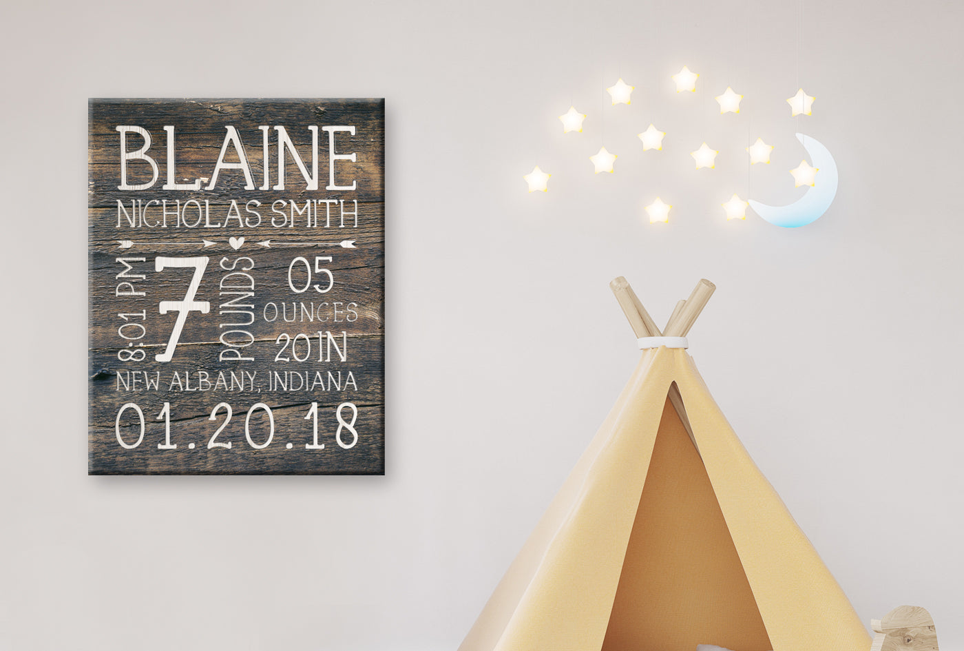 Baby Birth Stats Personalized Wall Art, Rustic Birth Announcement Print hanging on nursery wall