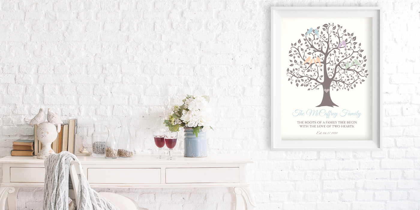 Personalized Family Tree Print with love birds, family name and anniversary date