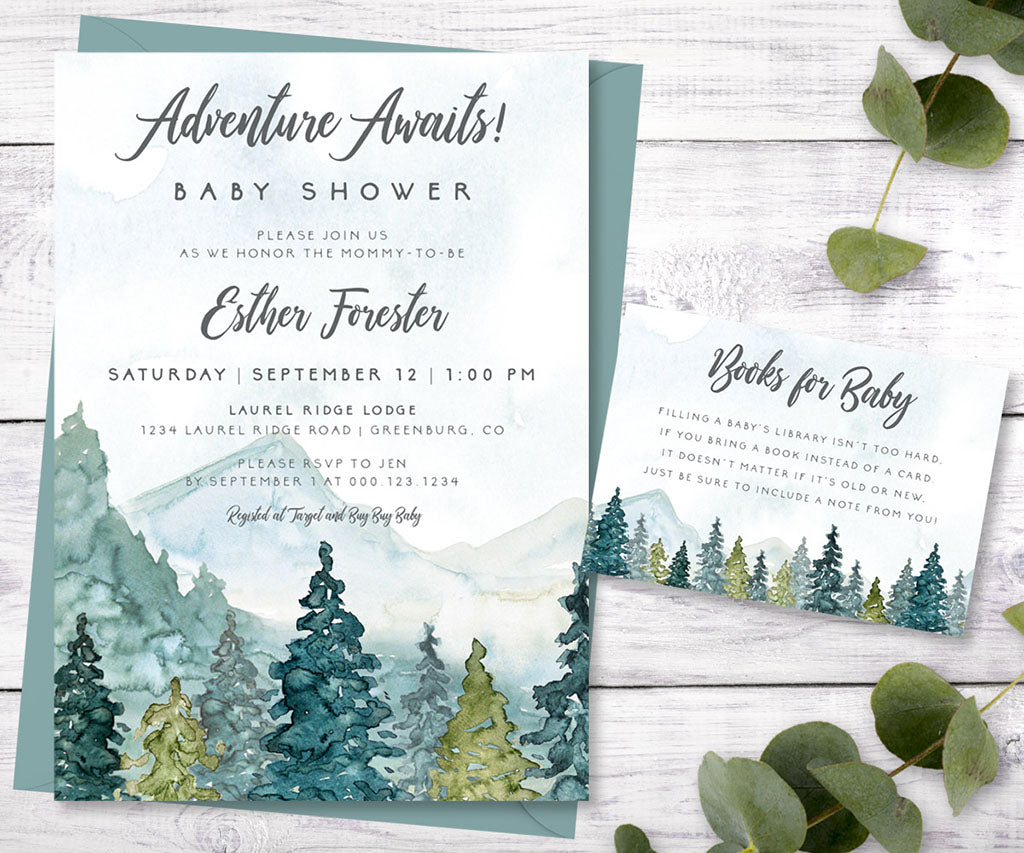 Adventure Awaits forest and mountains baby shower invitation and books for baby card.